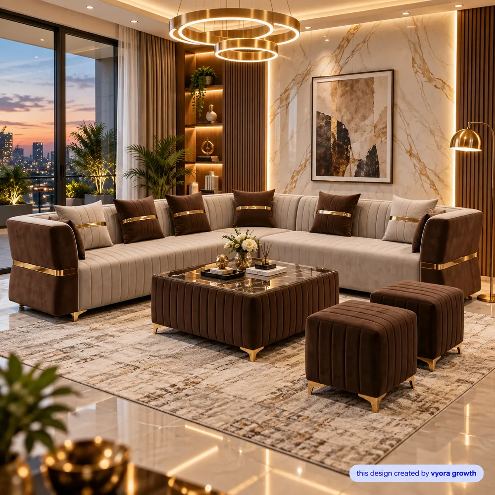 Luxurious Taupe Living Room at Dusk