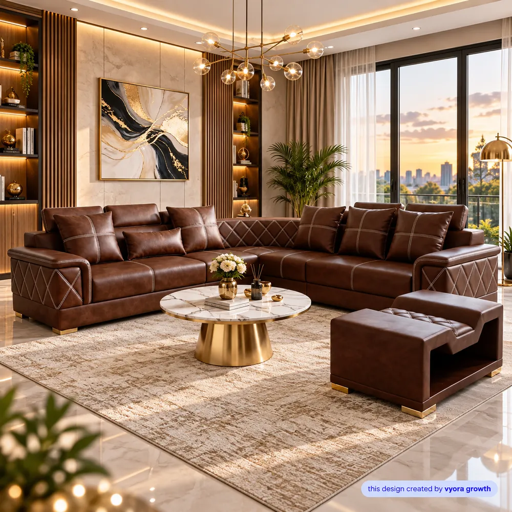 Luxury Brown Leather Living Room at Sunset
