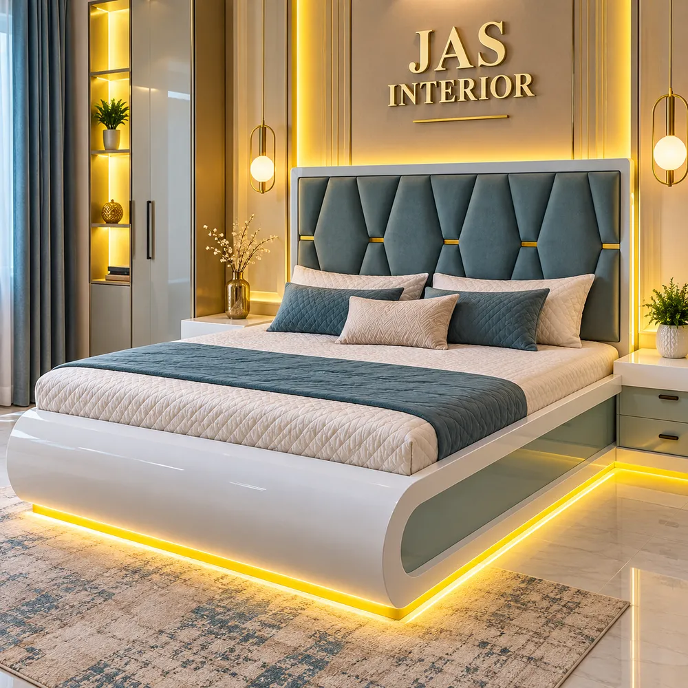 Modern Teal Bedroom with Warm Lighting