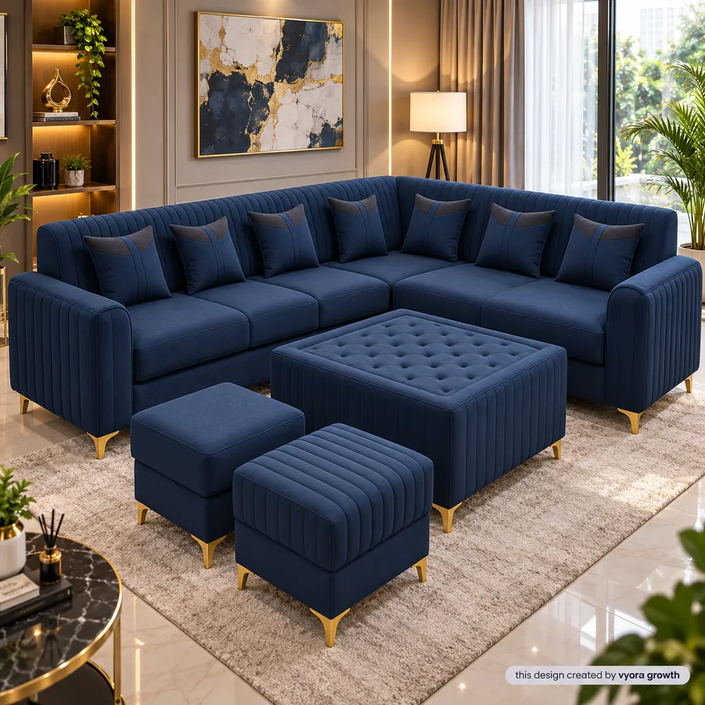 Navy Sectional in a Warm Modern Living Room