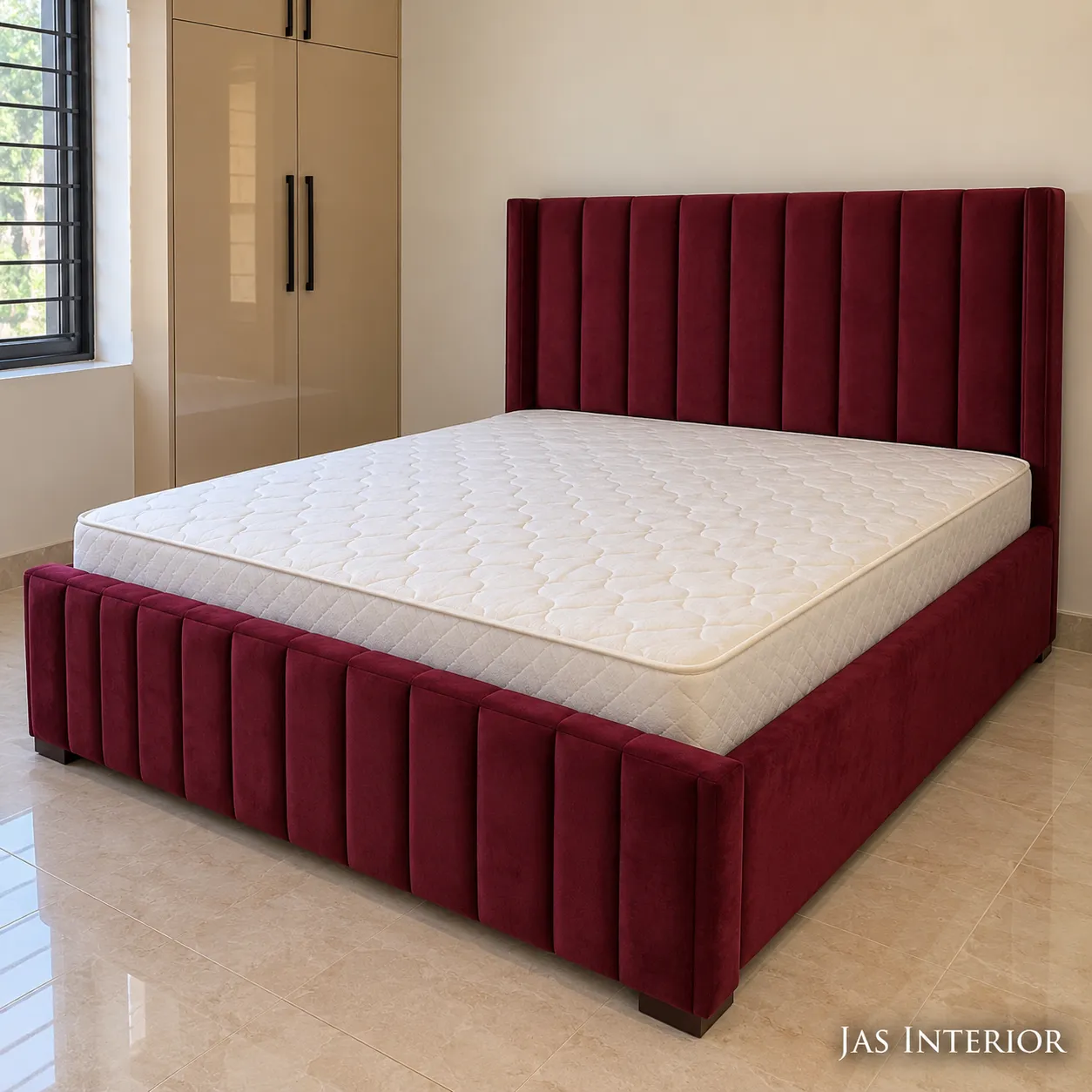 Wooden Folding Bed - Burgundy Velvet Bed in Modern Bedroom