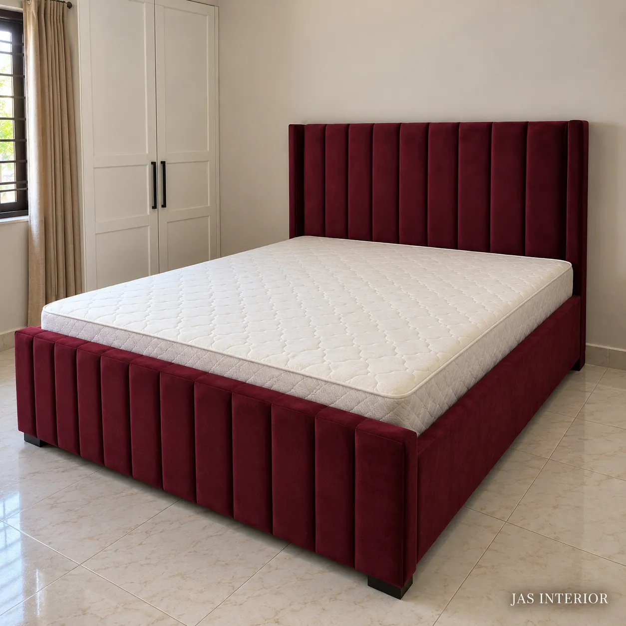 Wooden Folding Bed - Burgundy Velvet Bedside Interior