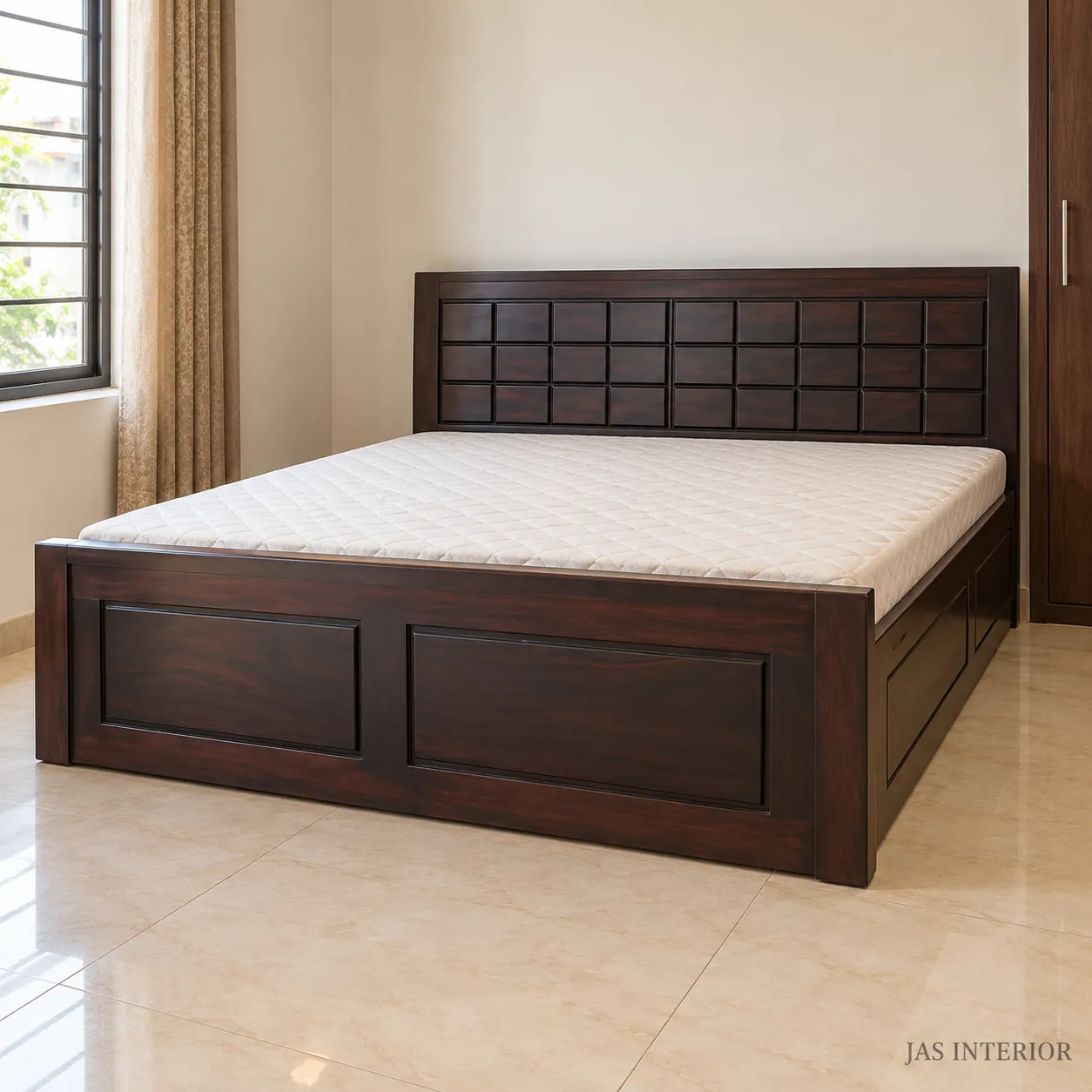 Wooden Folding Bed - Dark Wood Grid-Panel Bed in Minimal Bedroom