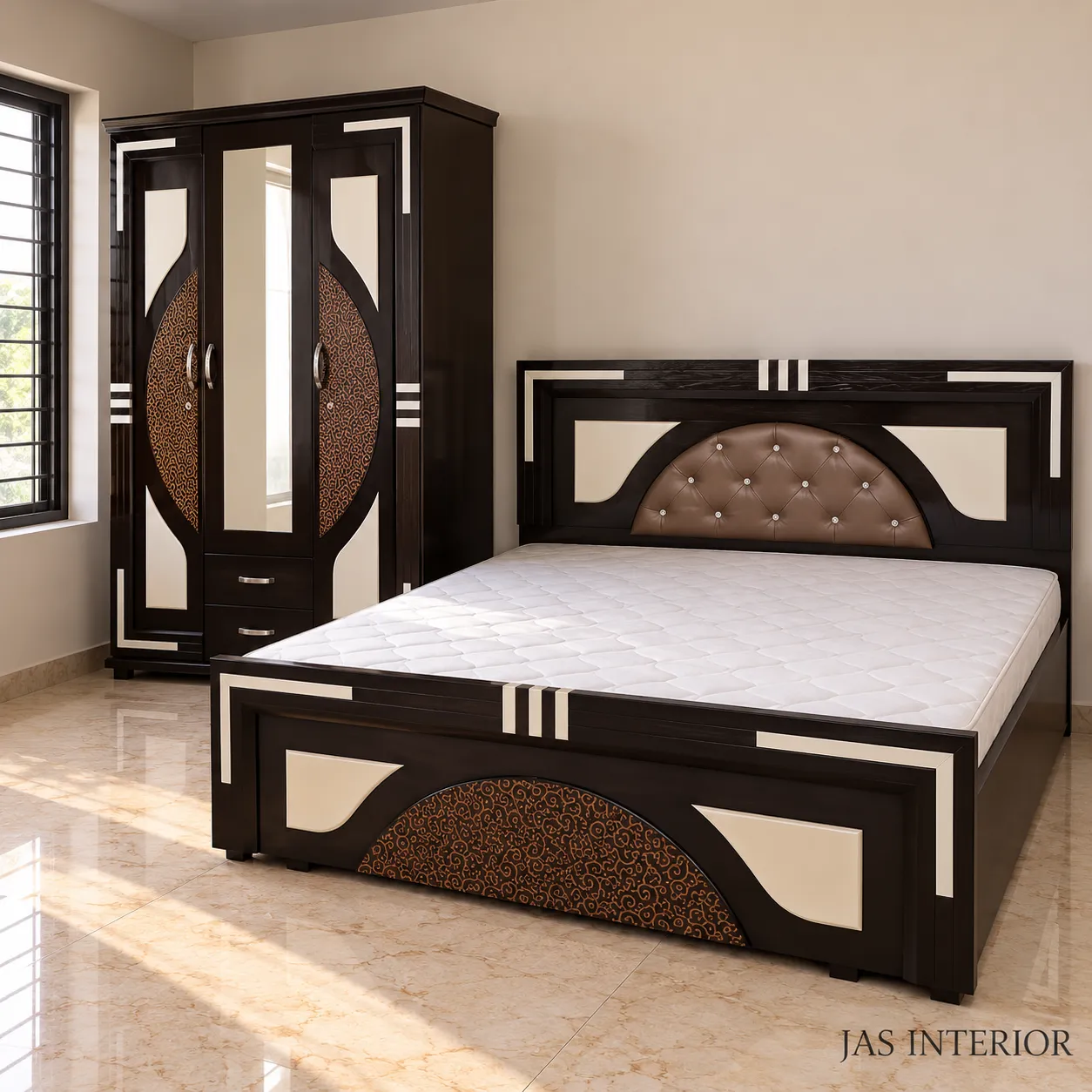 Wooden Folding Bed - Elegant Black and Cream Bedroom Set