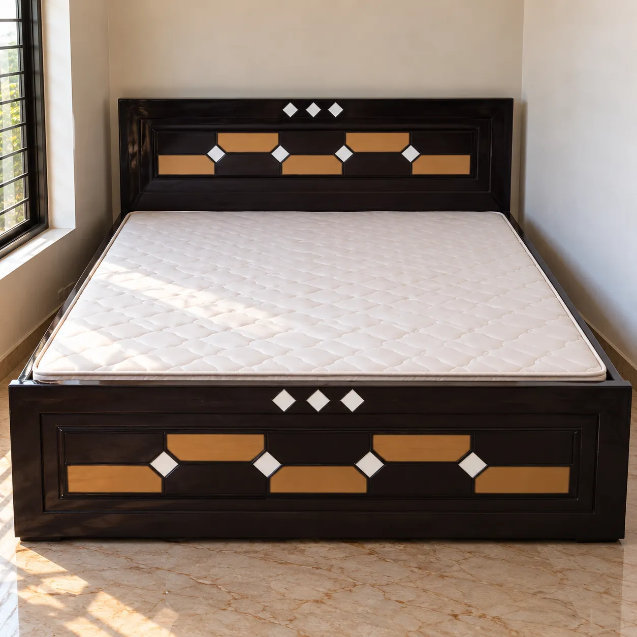 Wooden Folding Bed - Geometric Espresso Bed in Sunlit Room