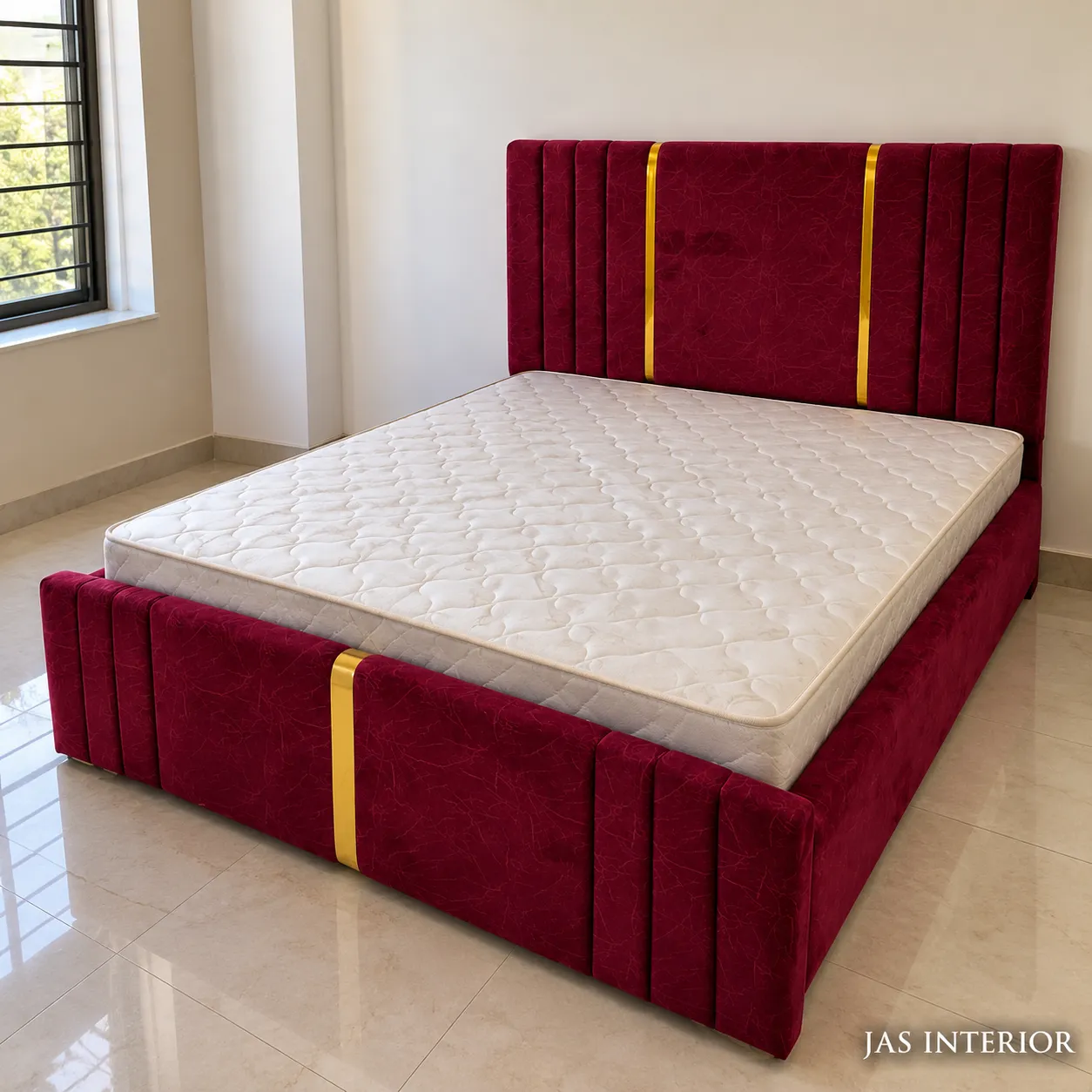 Wooden Folding Bed - Maroon Velvet Bed with Gold Accents
