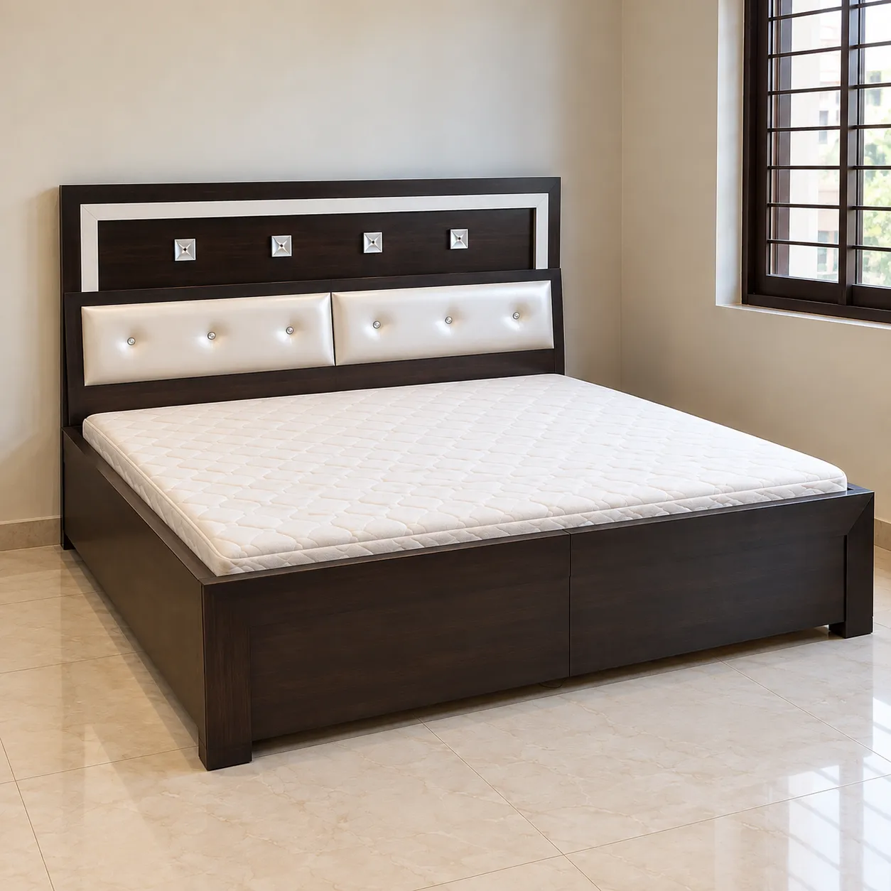 Wooden Folding Bed - Minimalist Dark Wood Tufted Bed Room