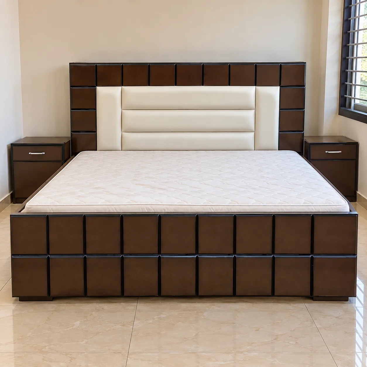 Wooden Folding Bed - Modern Brown and Cream Platform Bed