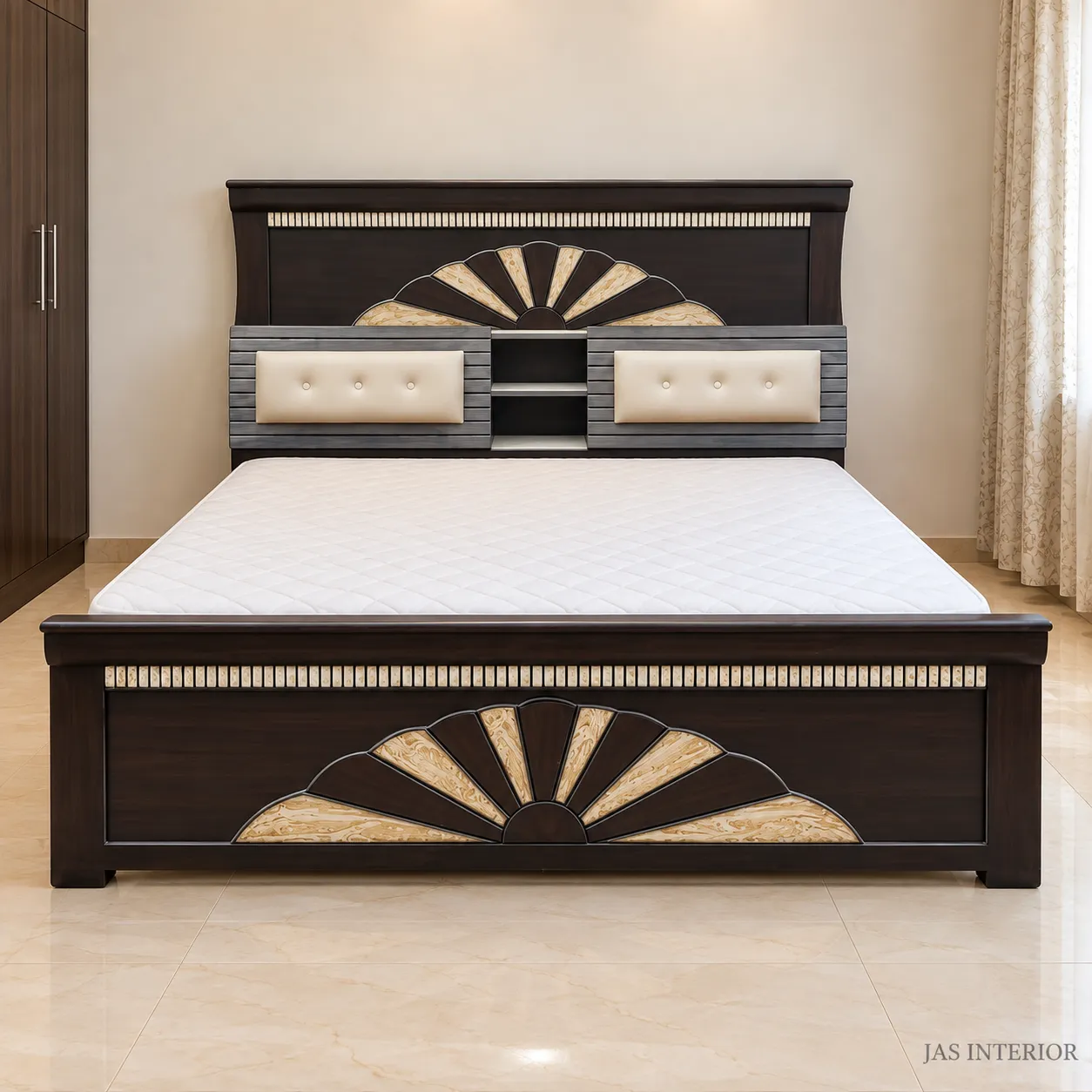 Wooden Folding Bed - Modern Fan-Inlay Bed in Minimal Bedroom