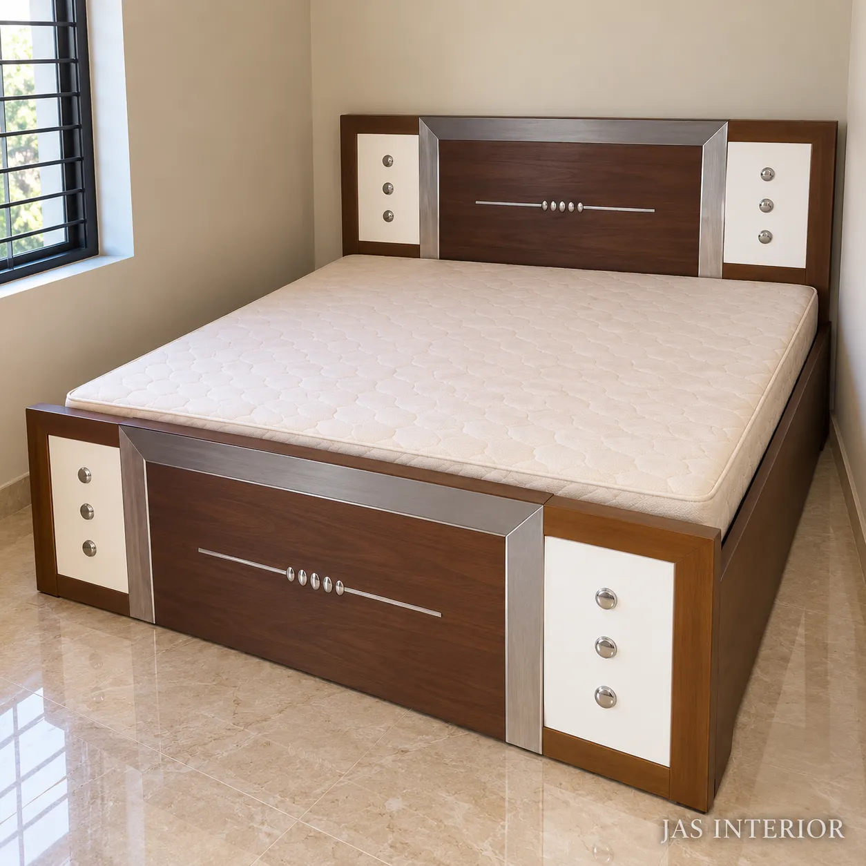 Wooden Folding Bed - Modern Walnut Platform Bed in Sunlit Room