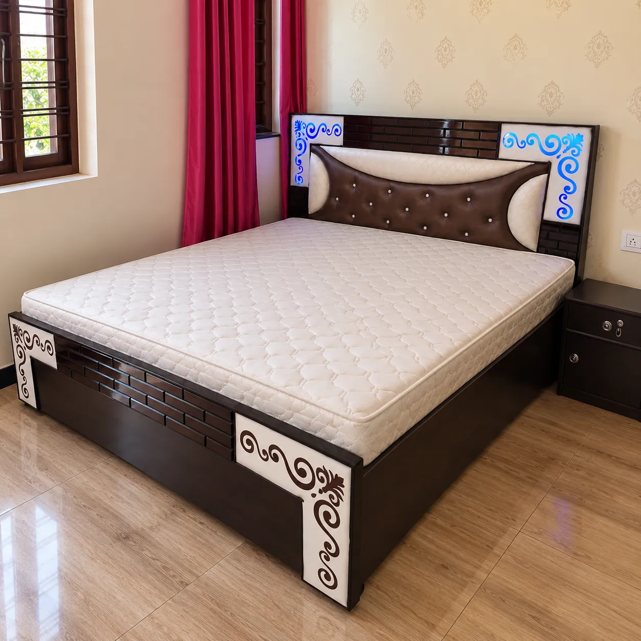 Wooden Folding Bed - Ornate Blue-Lit Bedroom Bed