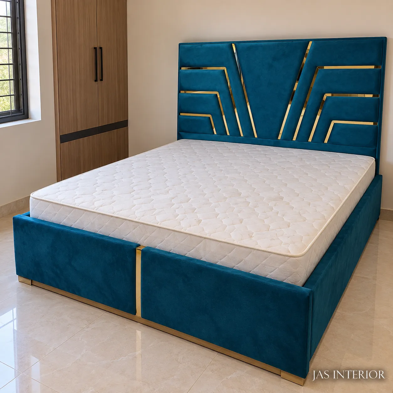 Wooden Folding Bed - Teal Art Deco Bed with Gold Accents