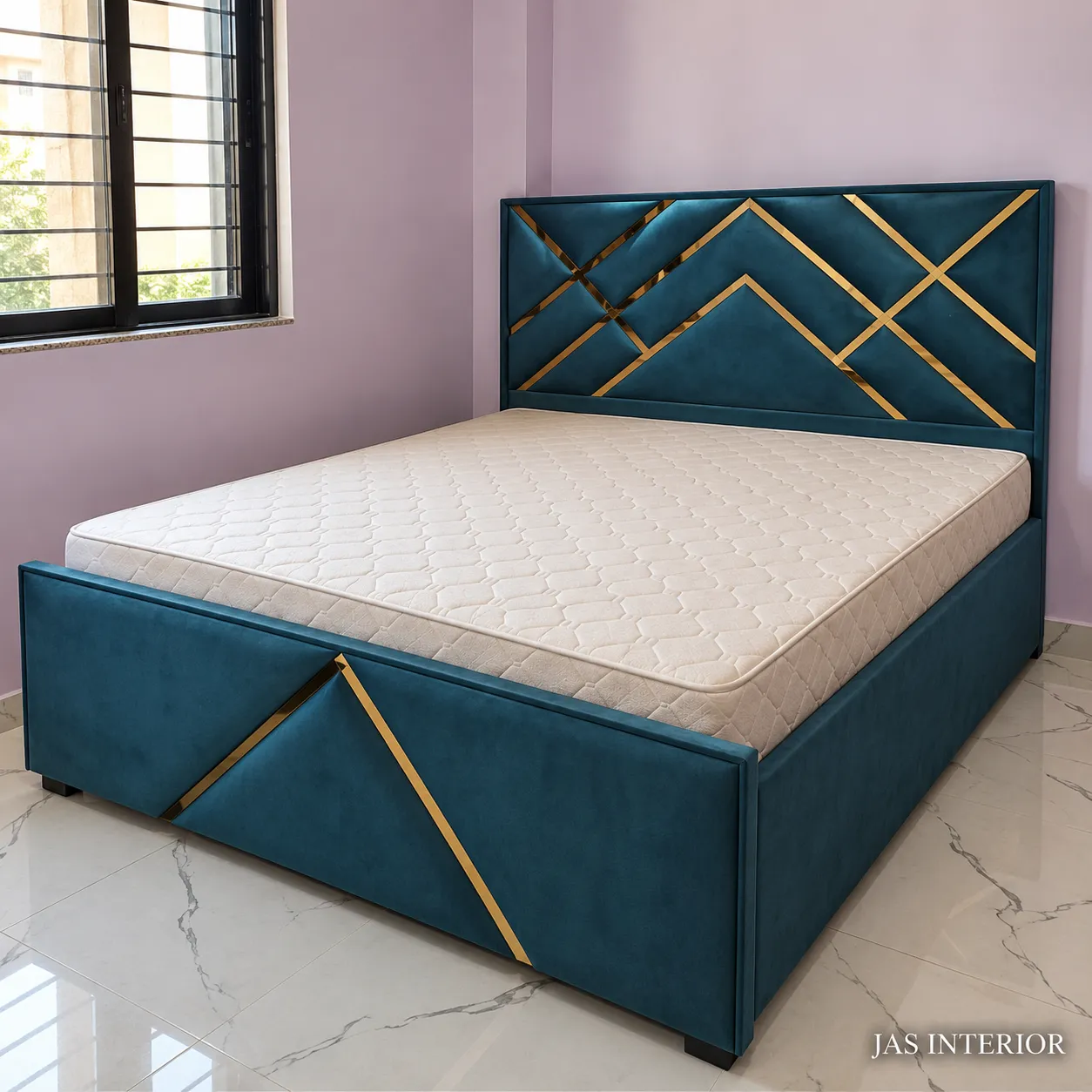 Wooden Folding Bed - Teal Geometric Velvet Bed in Modern Bedroom