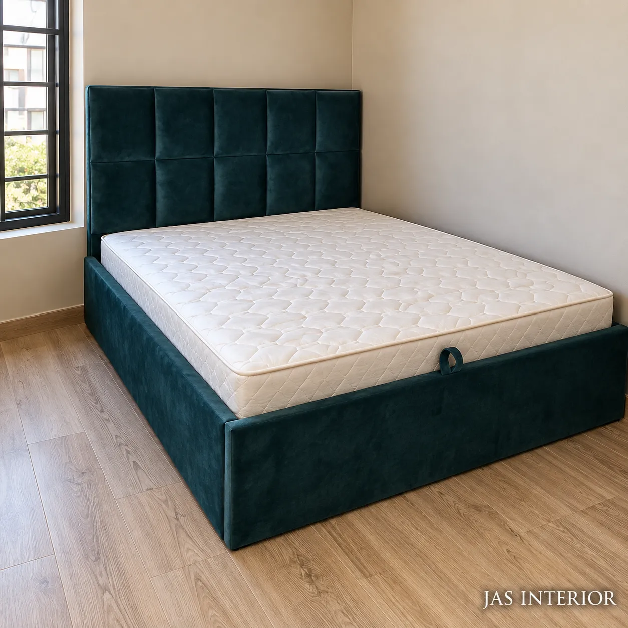 Wooden Folding Bed - Teal Velvet Bed in Minimal Bedroom