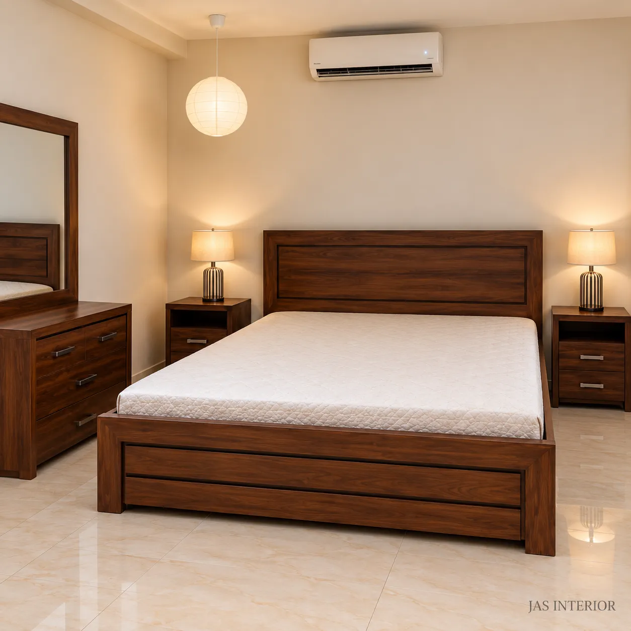 Wooden Folding Bed - Walnut Bedroom with Warm Lighting