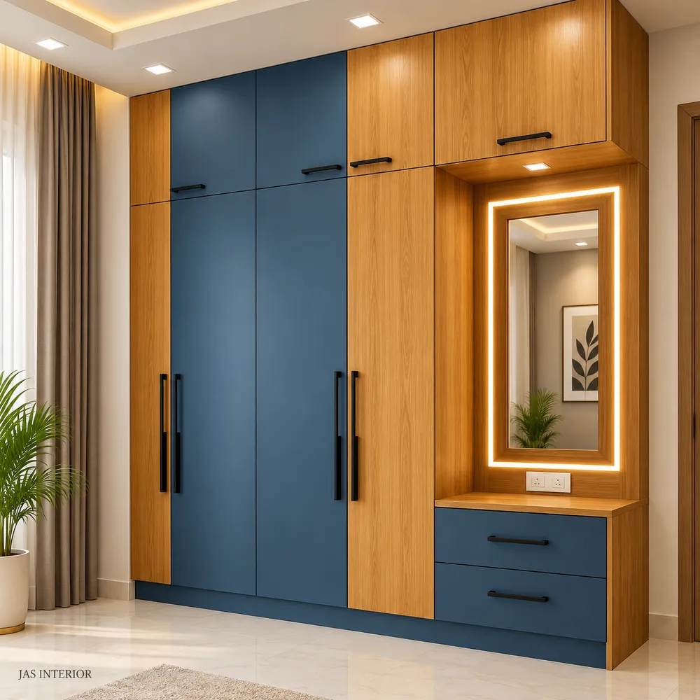 Navy and Oak Wardrobe with Vanity Niche