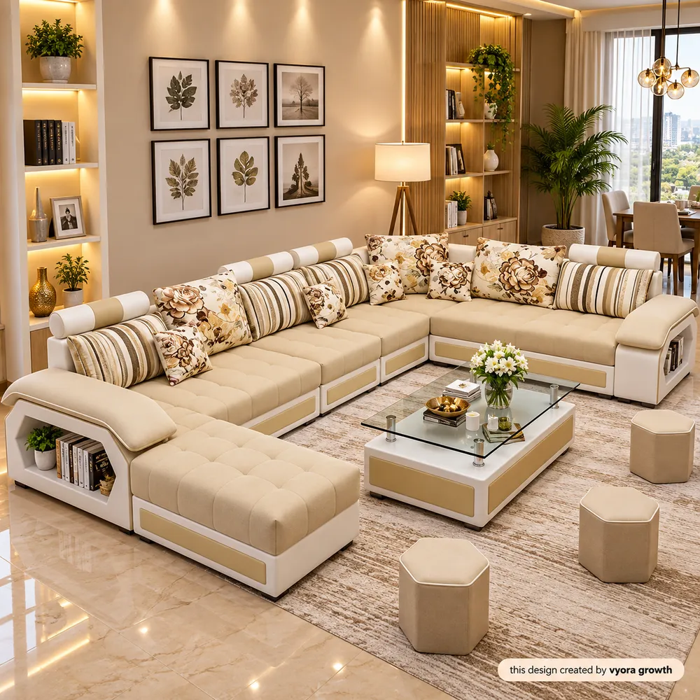 Warm Beige L-Shaped Living Room Showcase