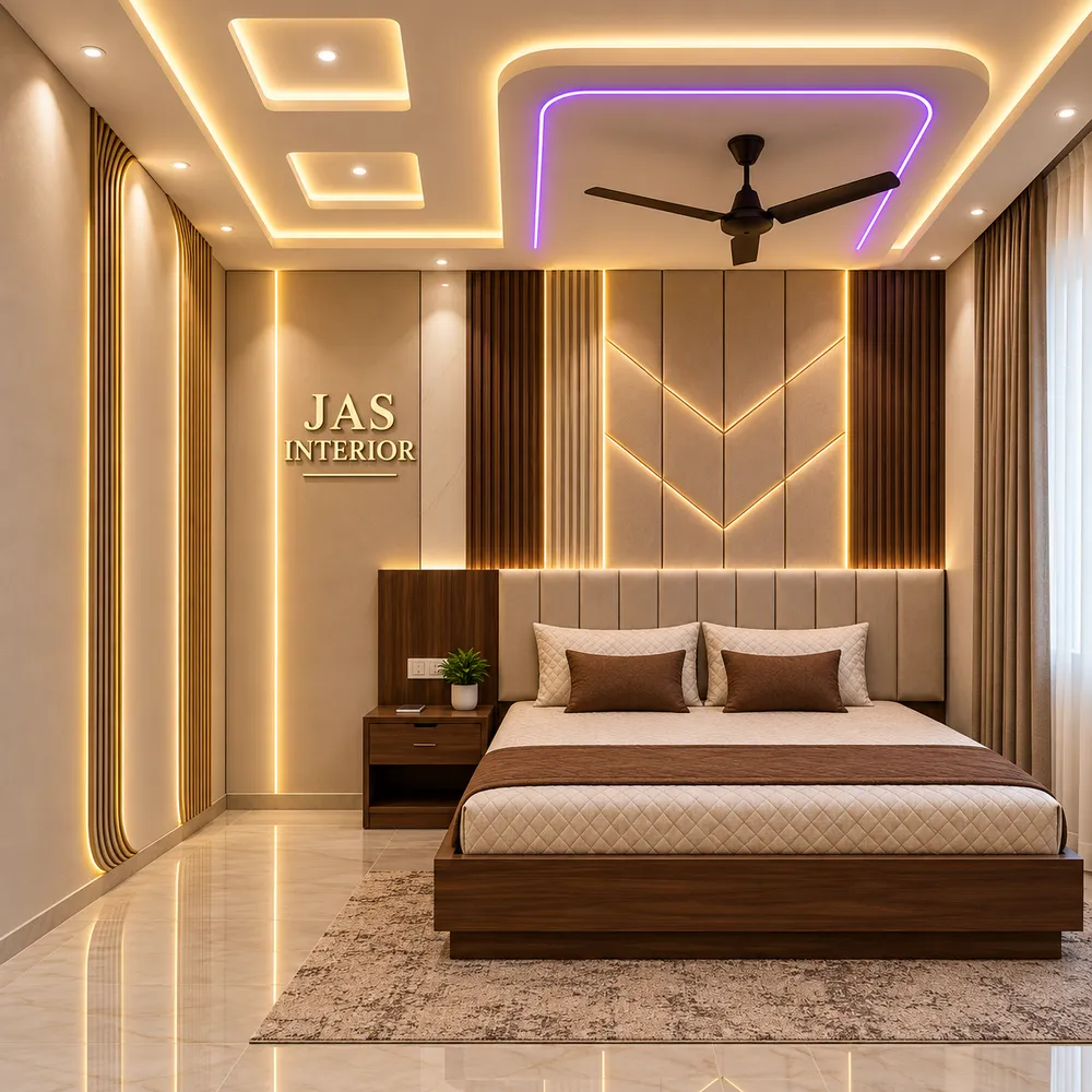 Warm Luxury Bedroom with Geometric Lighting